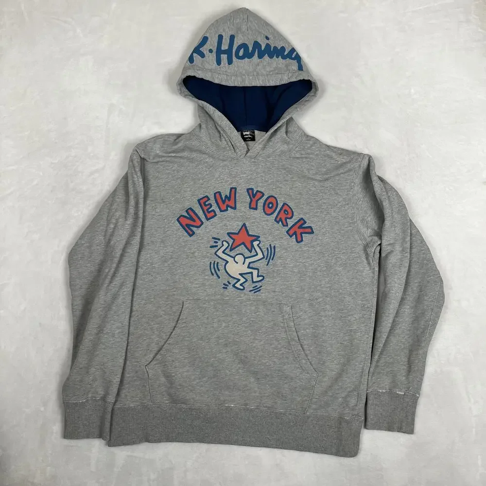 K. Haring Hoodie Mens Large Gray New York Star Graphic SPRZ NY Pullover Retro